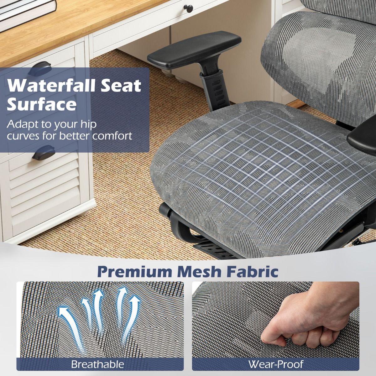 Mesh Office Chair with Retractable Footrest and Waterfall Seat